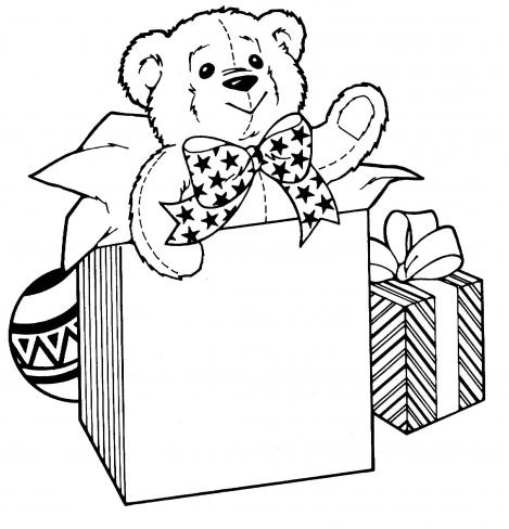 Teddy bear in a box at Christmas coloring page Teddy bear in a box at Christmas coloring page